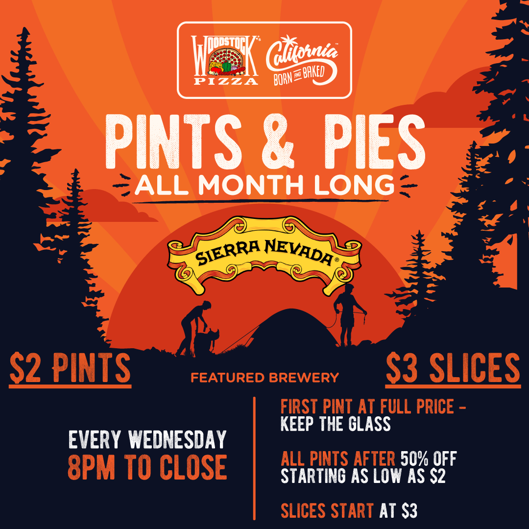 Pints & Pies all month long. Sierra Nevada is our featured brewery. Every Wednesday 8pm to close. $2 Pints $3 slices.